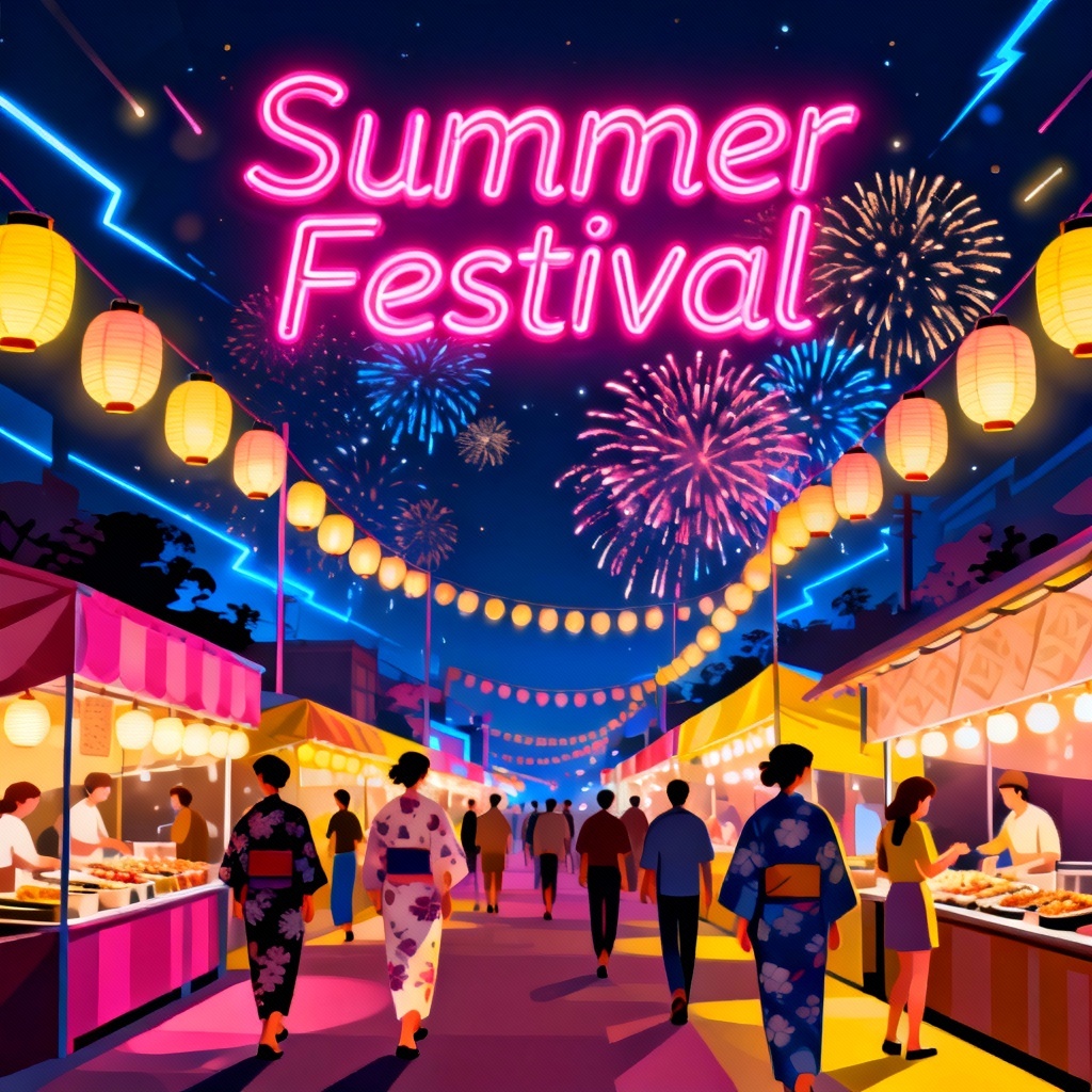 AI summer festival poster with lanterns, fireworks, and neon typography