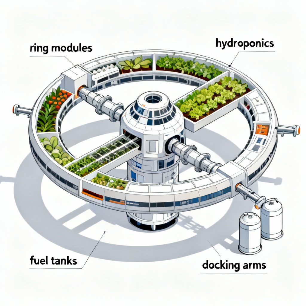 AI isometric cutaway of modular space station