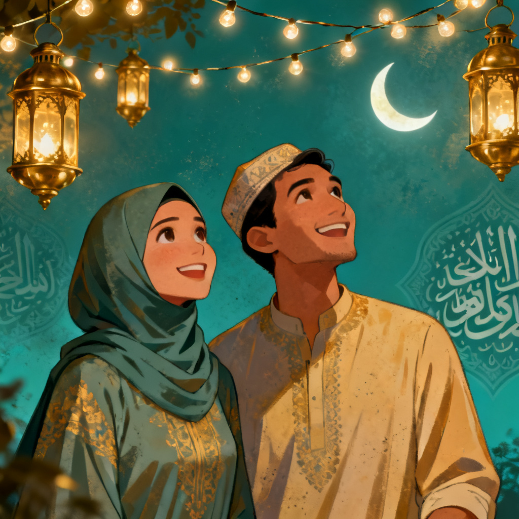 AI Muslim couple with Ramadan lanterns and crescent moon