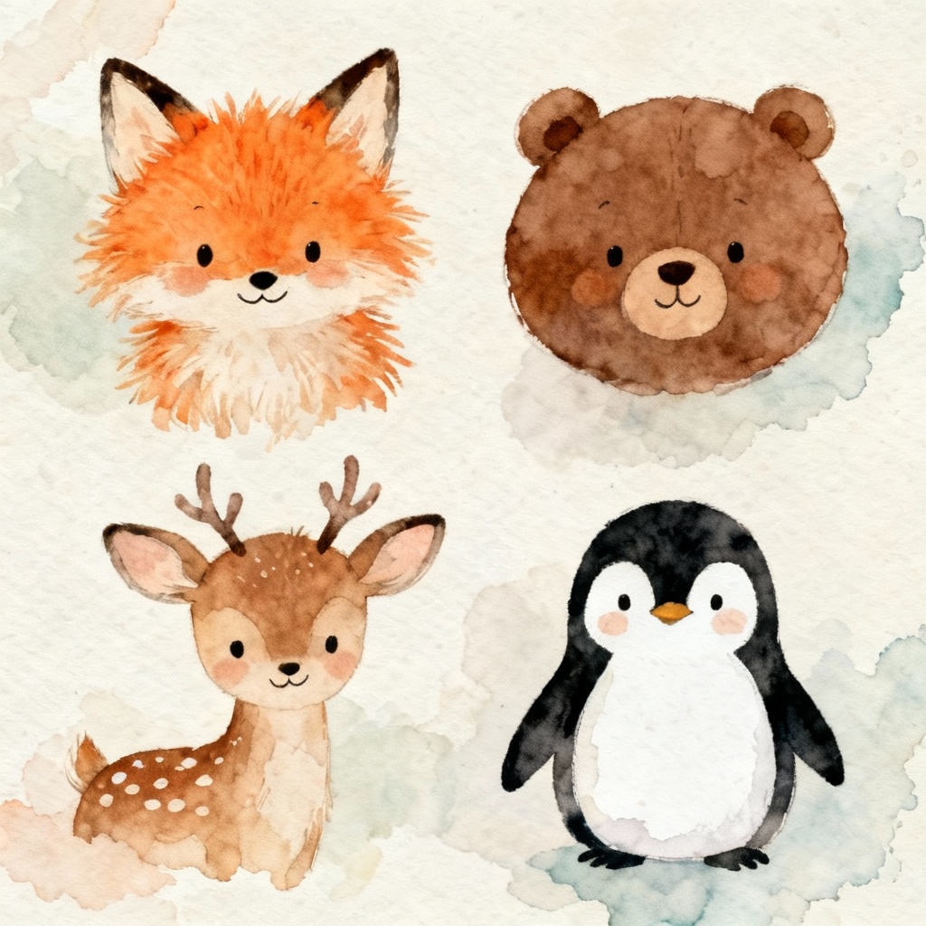 Watercolor baby animals set