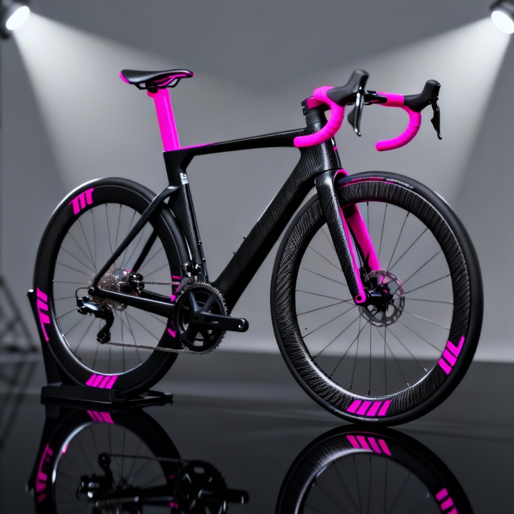 AI bicycle concept product render on reflective studio floor