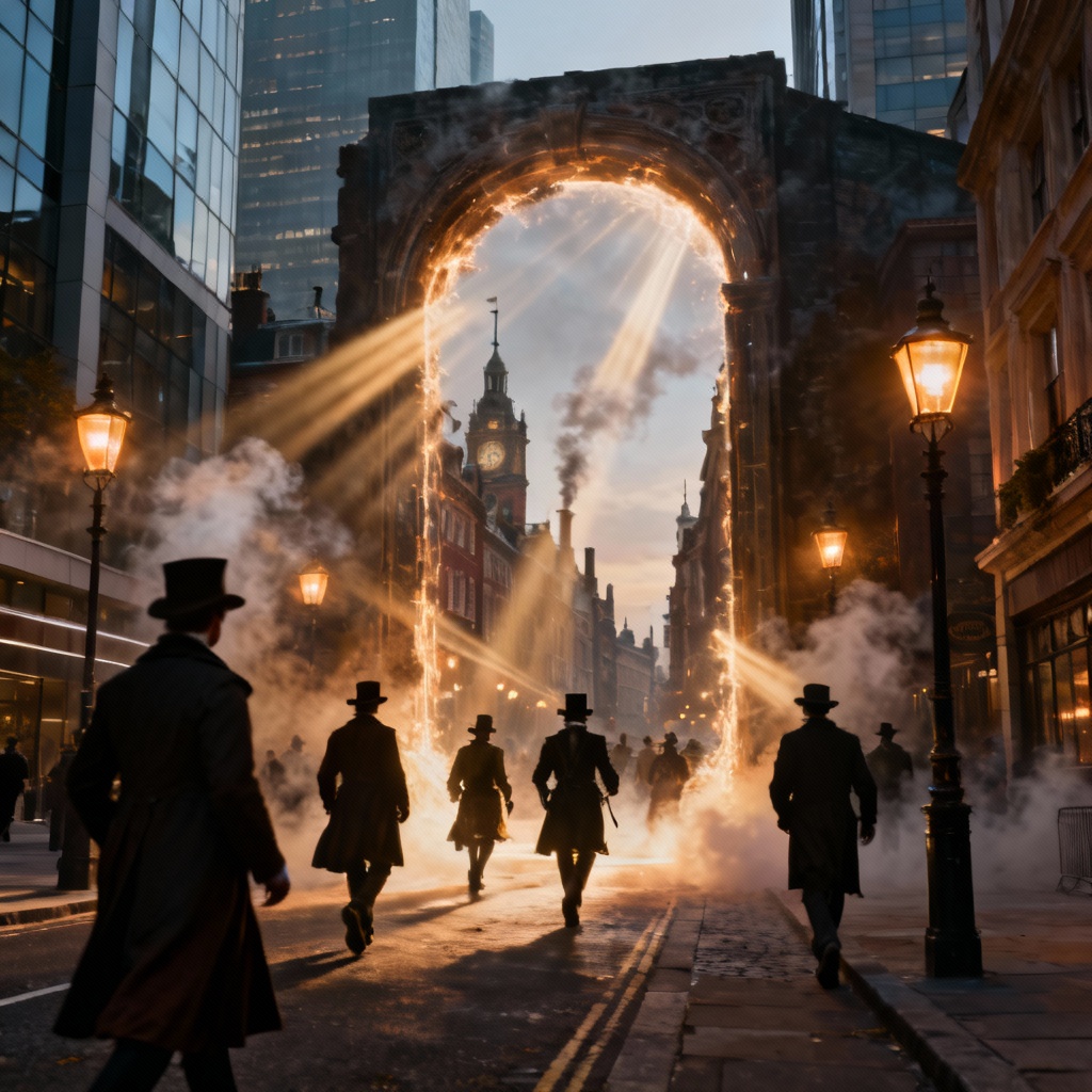 AI time portal scene merging a modern city with Victorian London