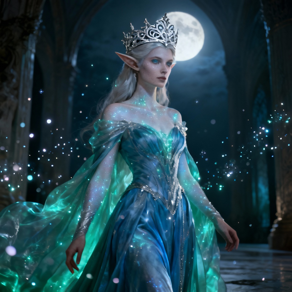 AI fantasy elf queen regal portrait with crown and silver filigree