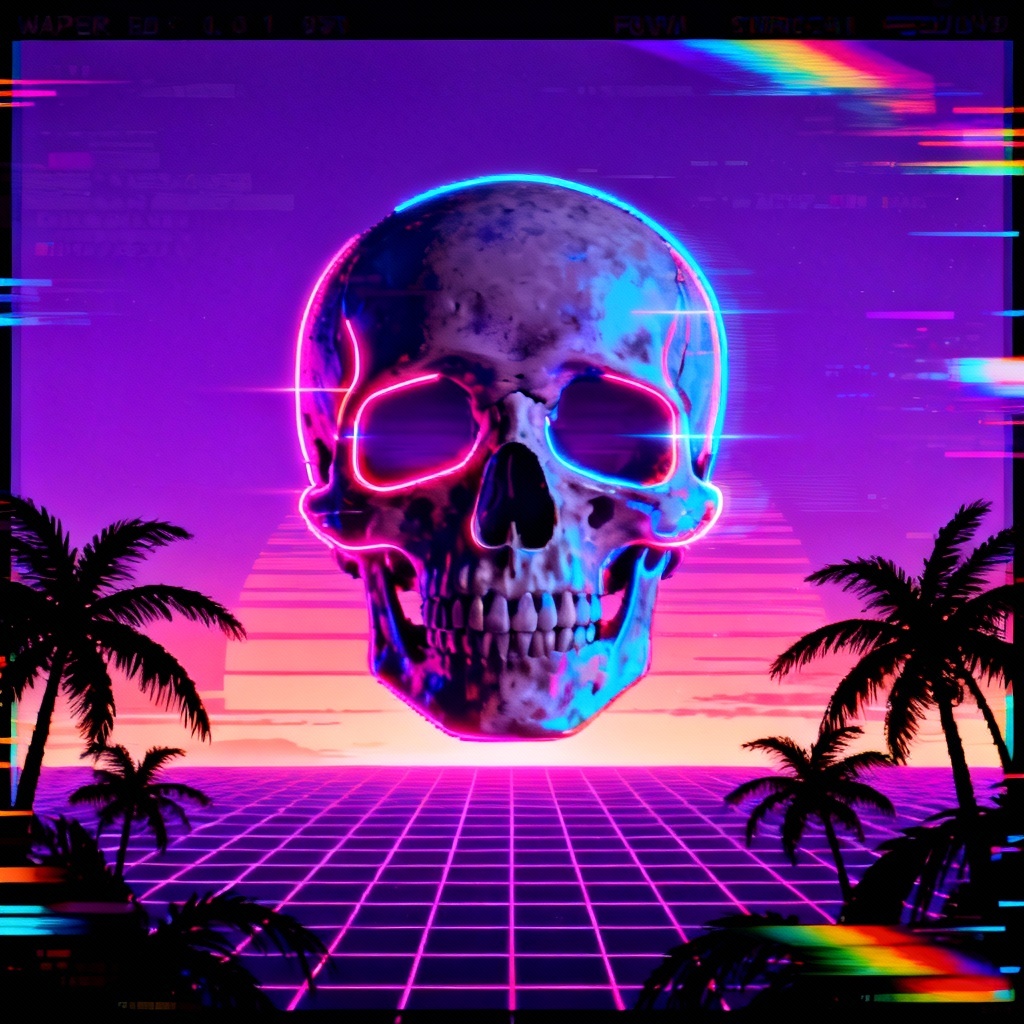 AI Vaporwave Glitch Skull Art