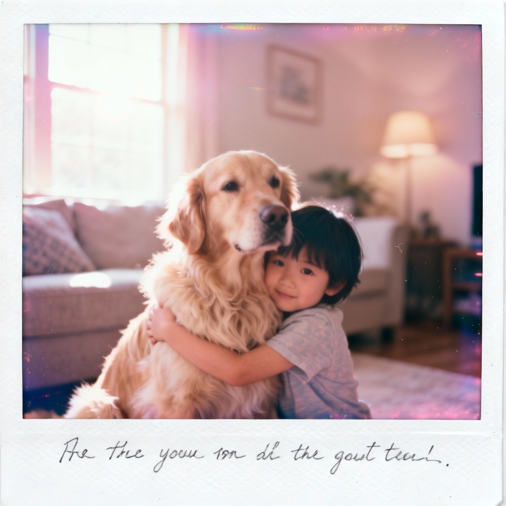 AI little me hugging my pet in a retro Polaroid frame