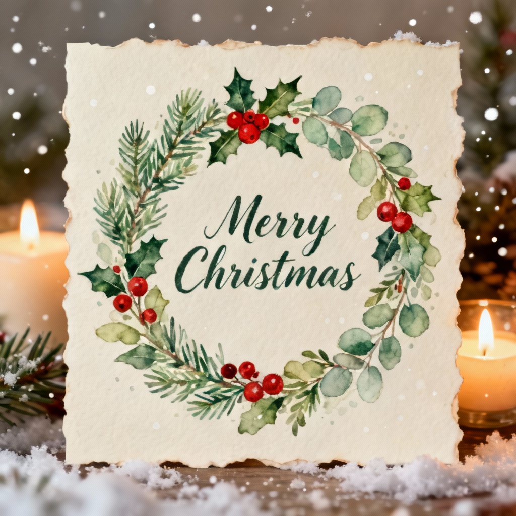 AI Christmas Card Cozy Watercolor Wreath