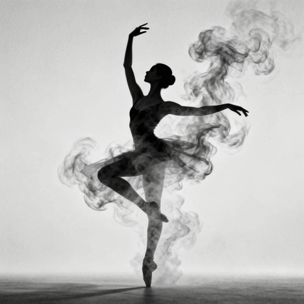 AI double exposure dancer blended with smoke