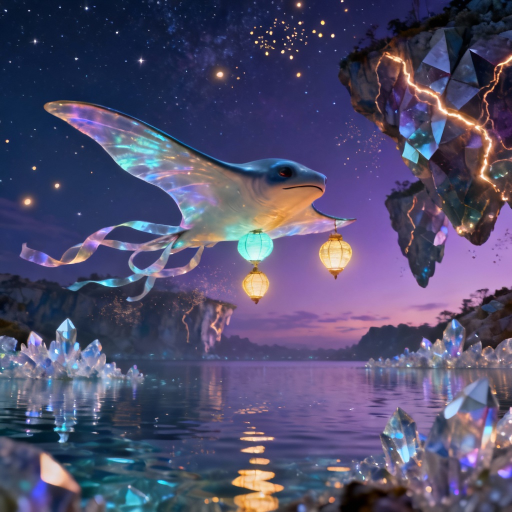AI alien manta creature with glowing fins over a lake