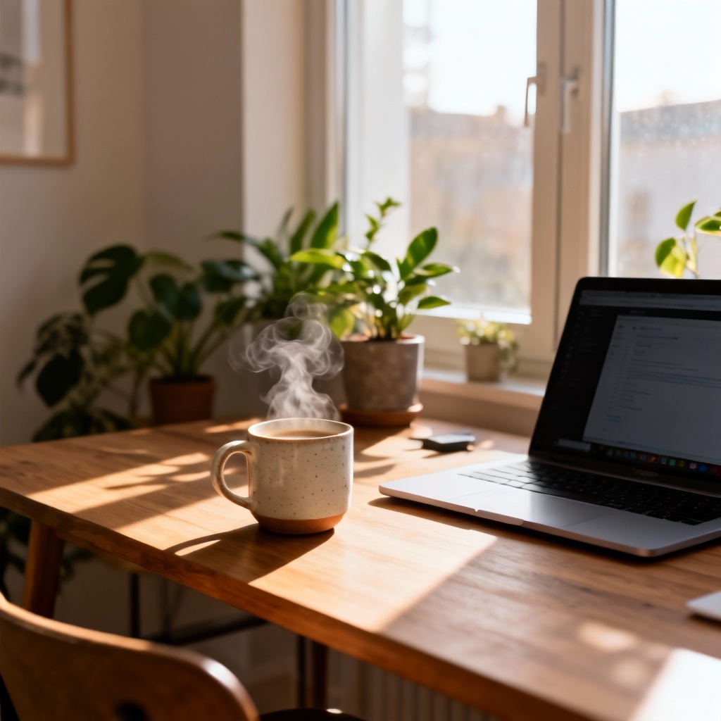 AI daily life image of a cozy morning home office with coffee and laptop