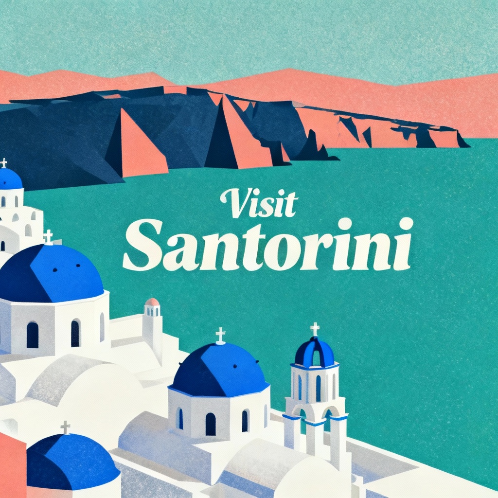AI vector travel poster featuring Santorini blue domes and caldera