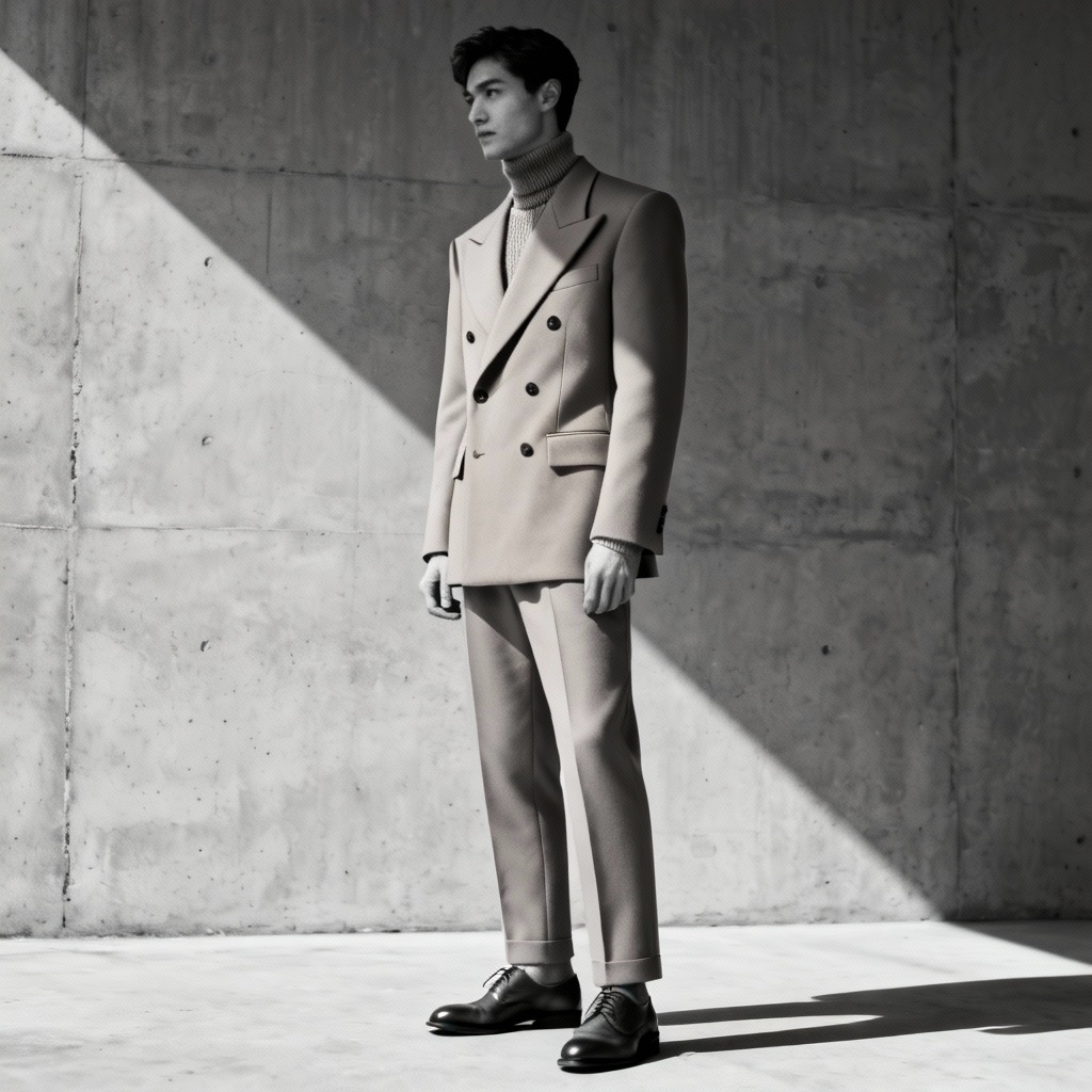 AI double-breasted camel suit editorial shot