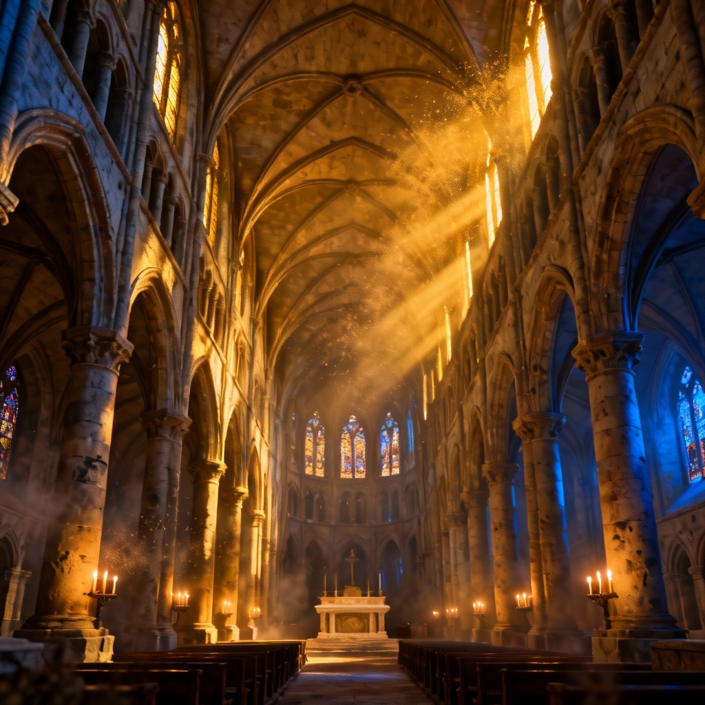AI Gothic nave interior with ribbed vaults and clerestory light