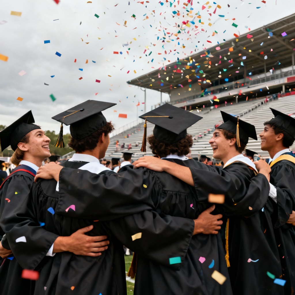 AI group graduation photo with confetti