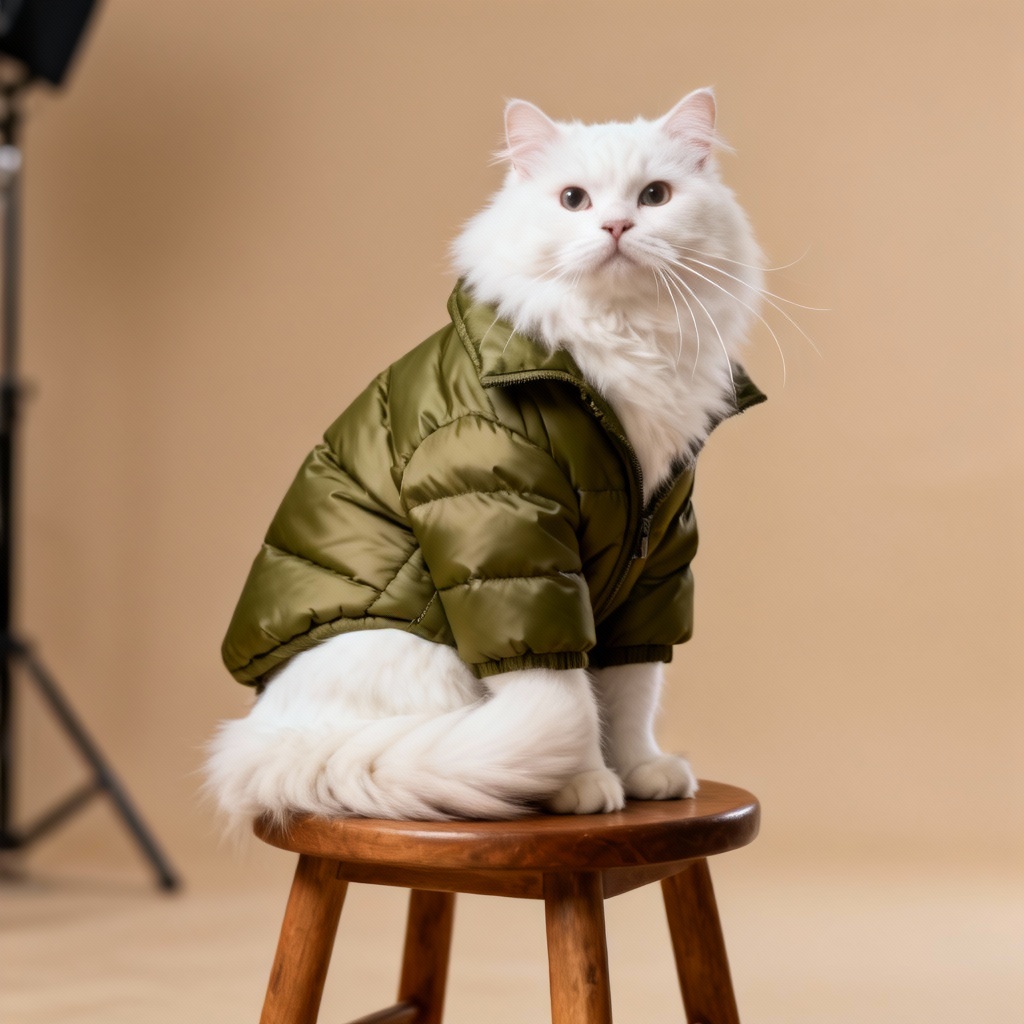 AI studio portrait of cat in down jacket