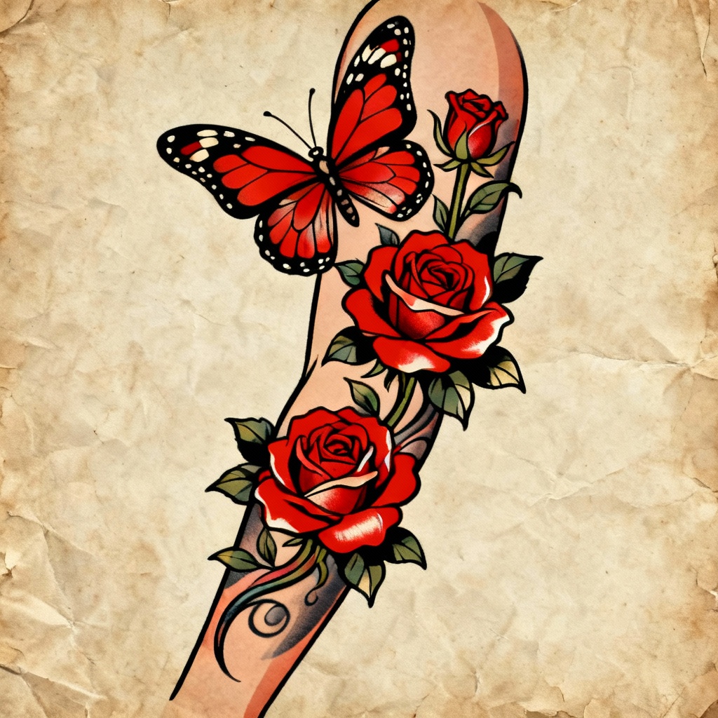Neo-traditional butterfly and roses half sleeve tattoo