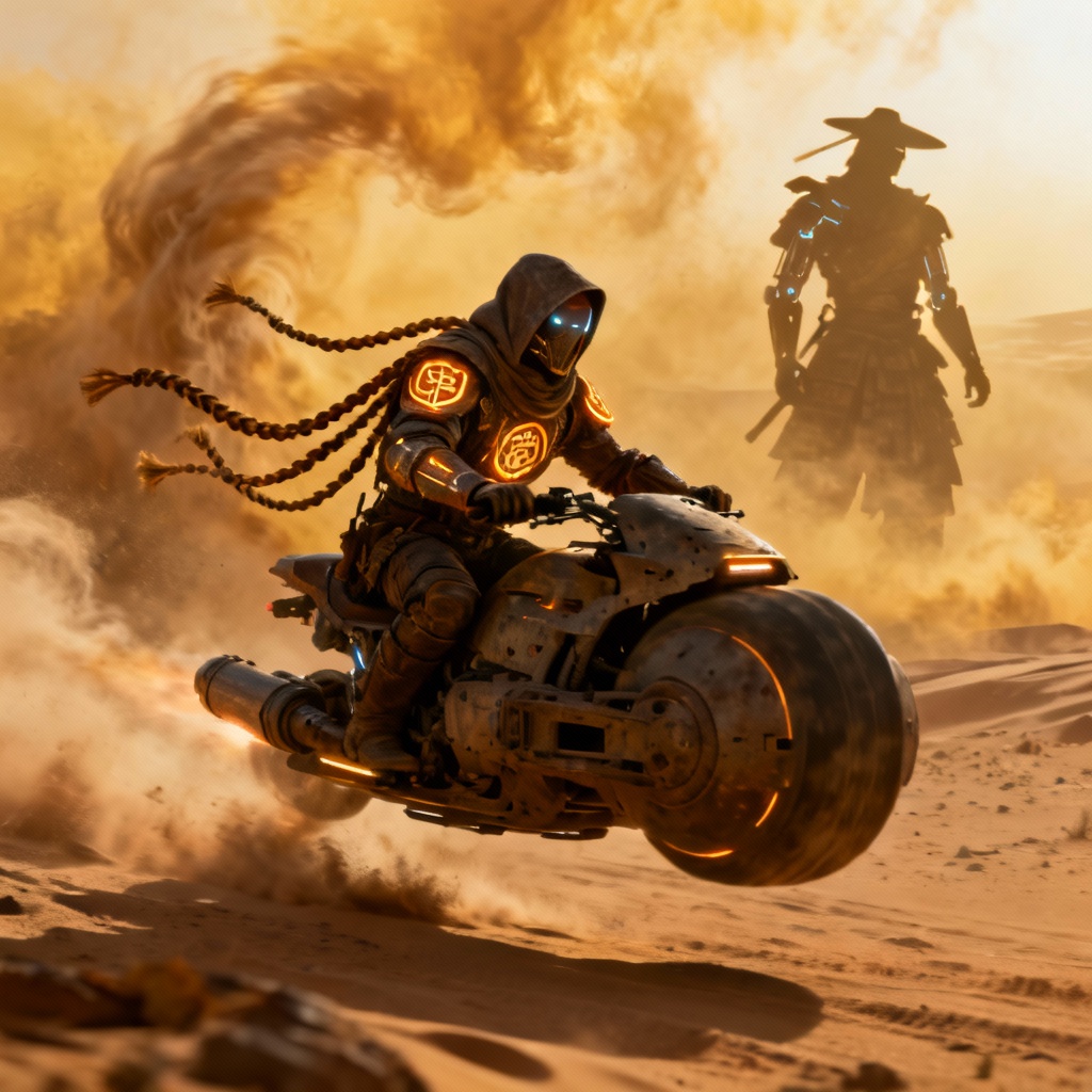 AI neo nomad warrior on hoverbike in sandstorm