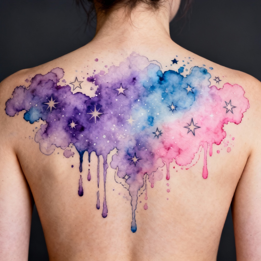 AI Watercolor Galaxy Back Tattoo
