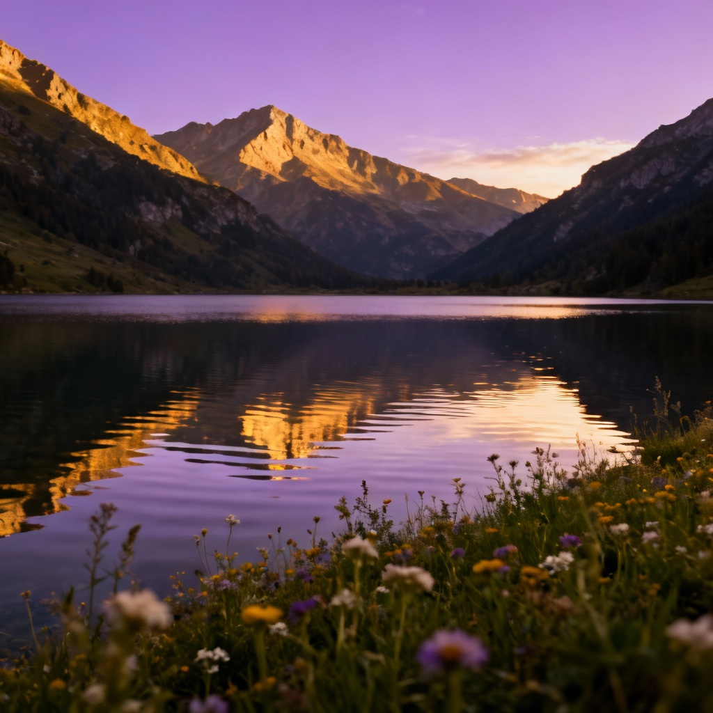 AI golden hour mountain lake with mirror reflections