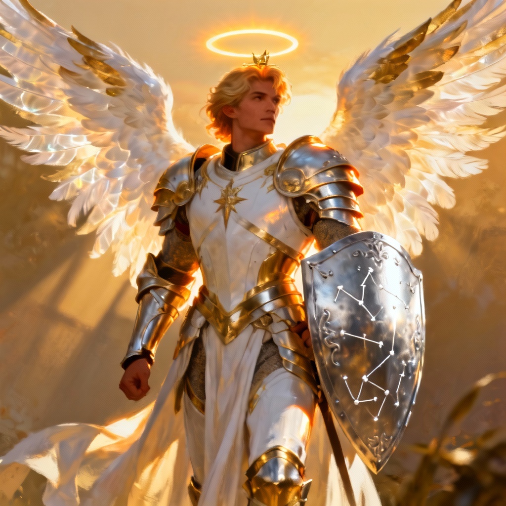 AI celestial paladin with radiant wings and sunlit armor