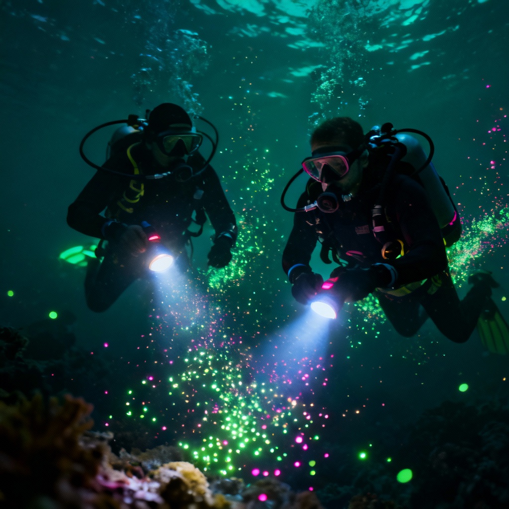 AI night dive with bioluminescent plankton