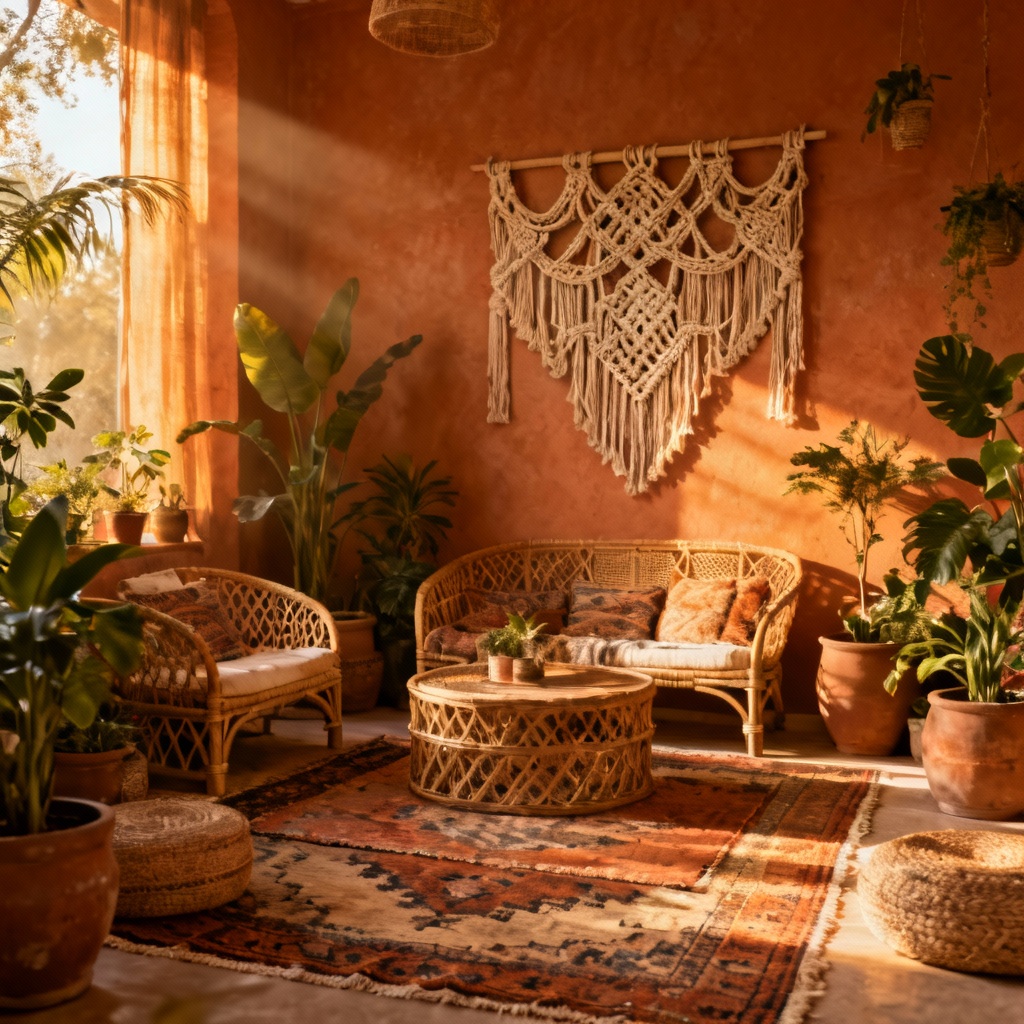 AI Boho lounge with layered textiles and plants