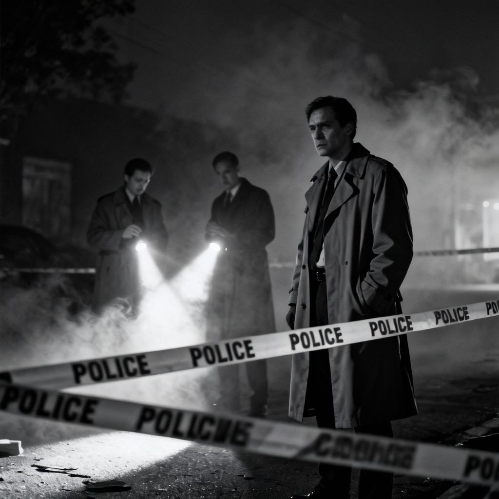 AI noir crime scene with police line tape