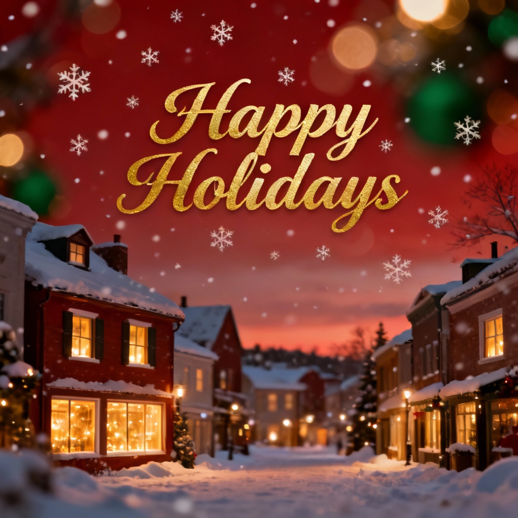 AI Happy Holidays card with snowy village and gold typography