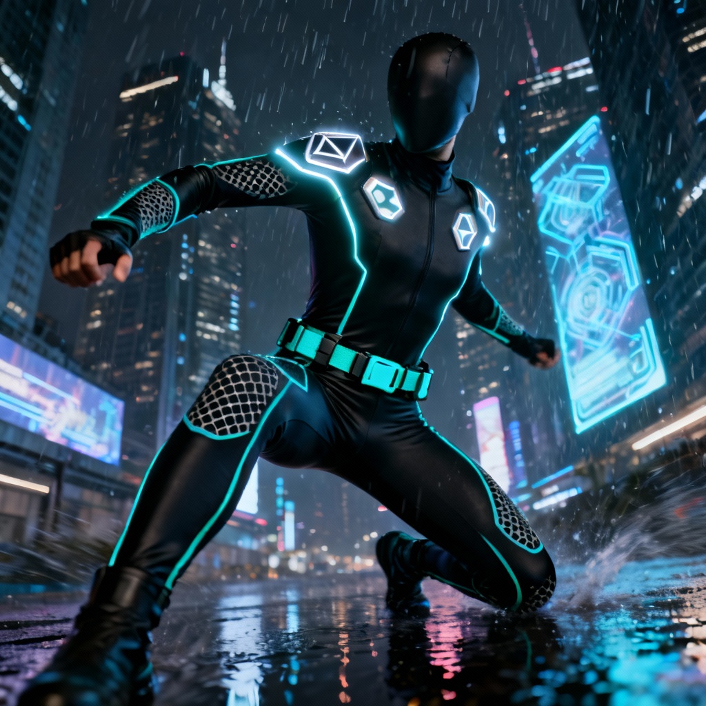 AI cyberpunk bodysuit with neon piping