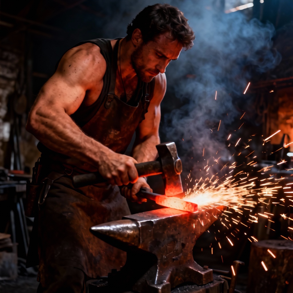 AI blacksmith forging steel with sparks in a forge