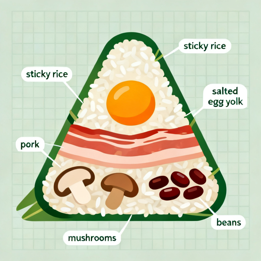 AI zongzi cutaway diagram for recipe card