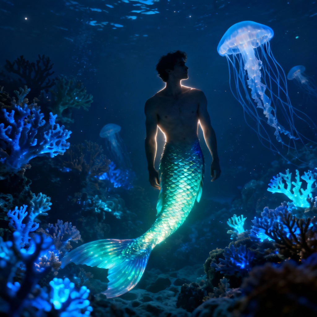 AI Bioluminescent Male Mermaid