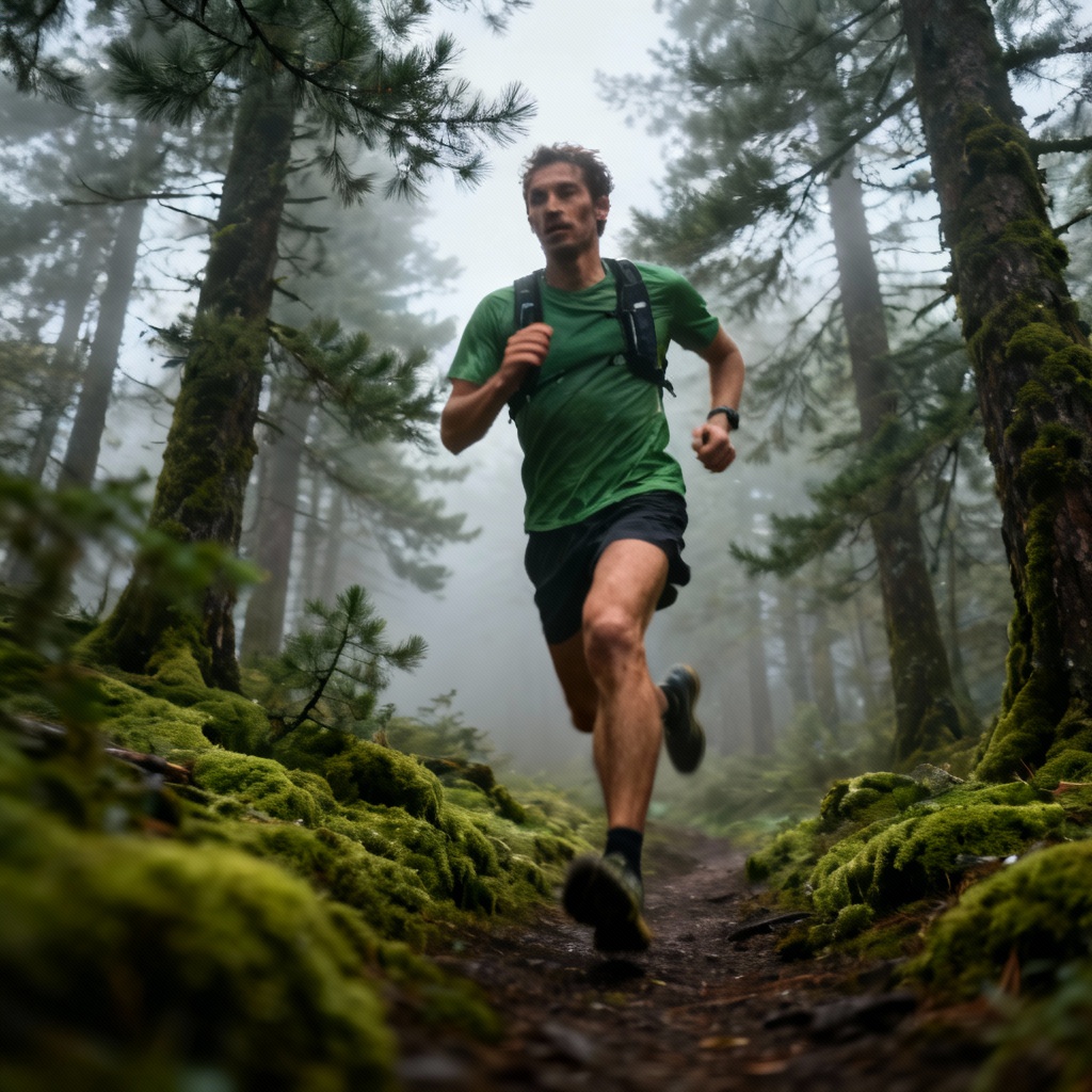 AI trail running in misty forest path