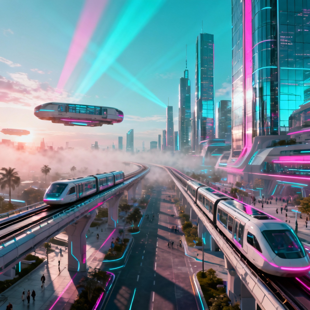 AI sci-fi movie theme with utopian skyline and glowing transports