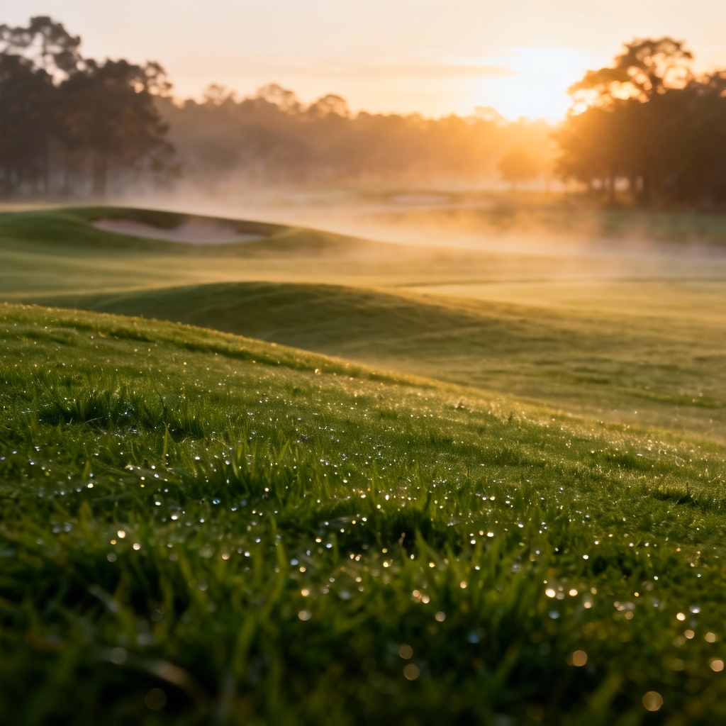 Morning fog on a manicured golf fairway with dew