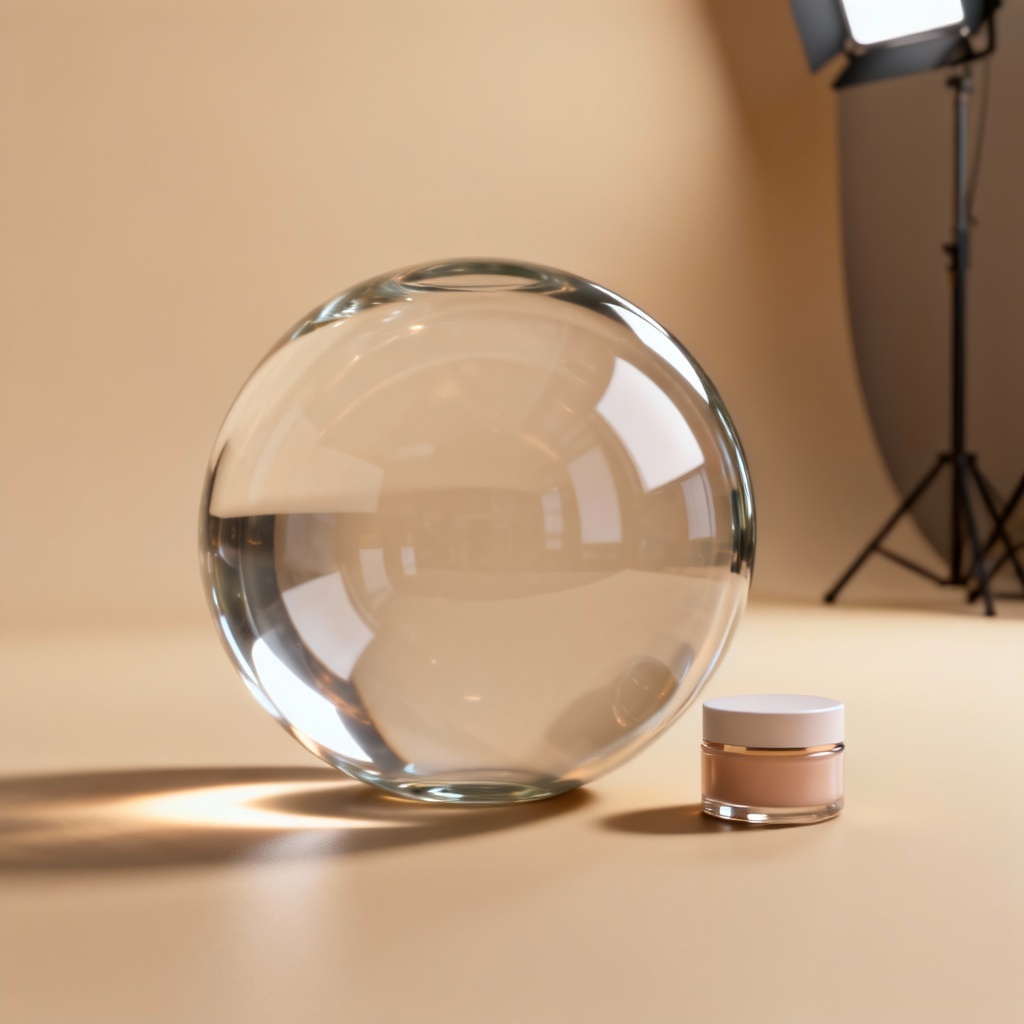 Minimal product mockup with glass orb and soft shadows