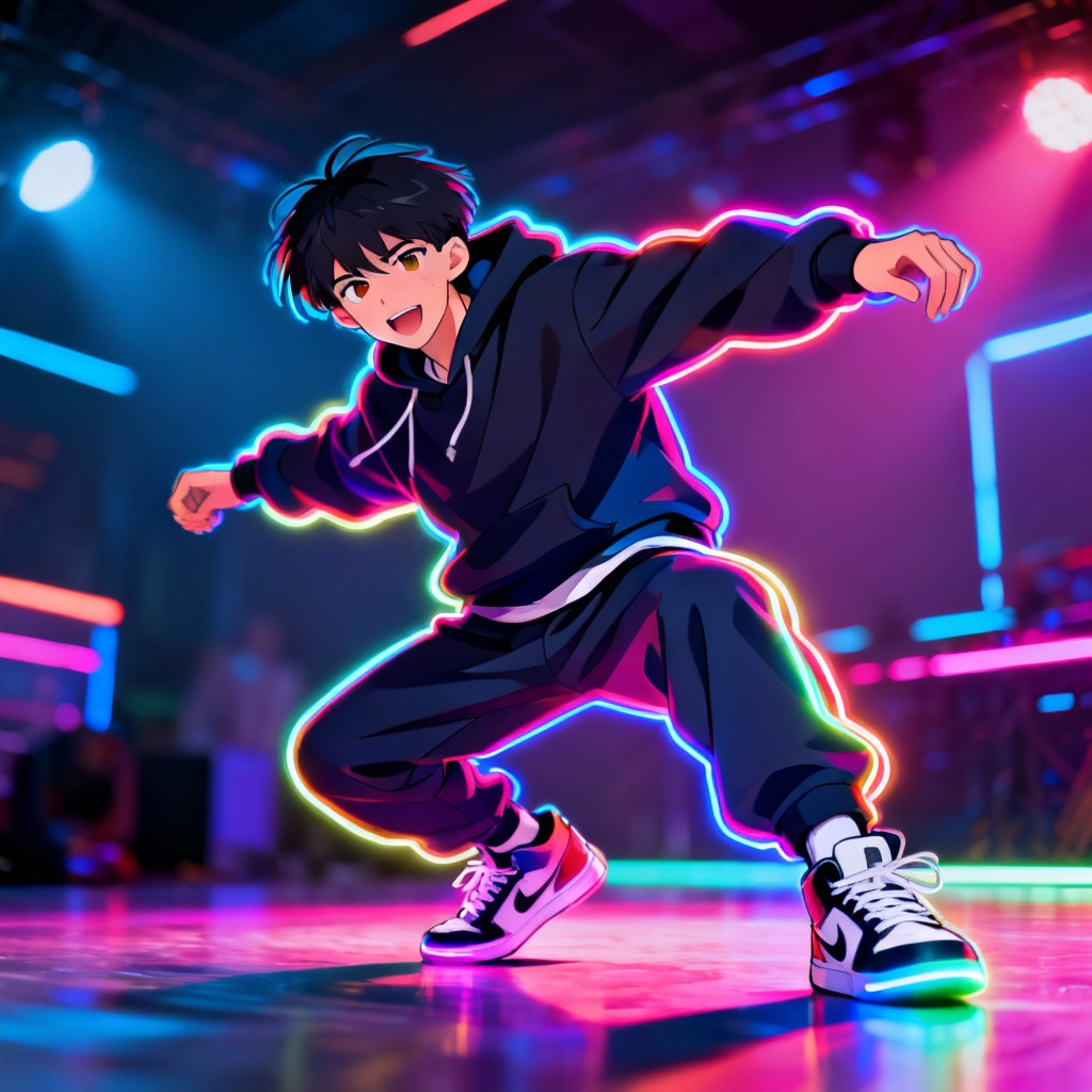 AI hip hop dancing boy on neon stage