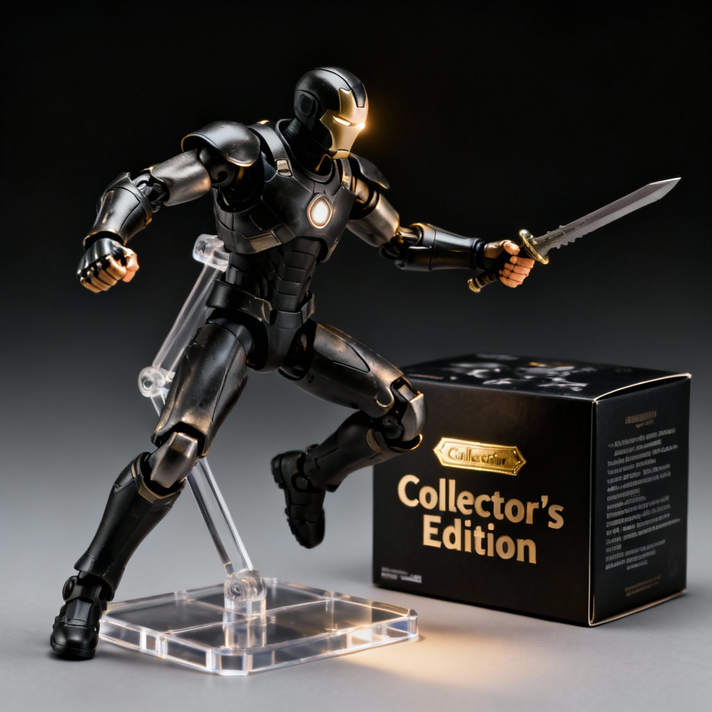 AI action figure prototype concept with box mockup