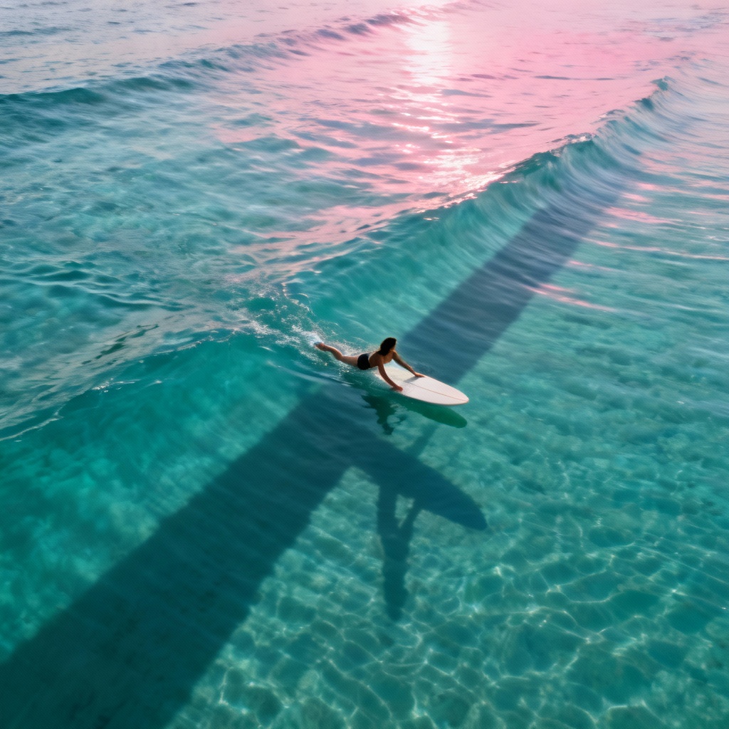 Drone view of surfer girl paddling out at dawn