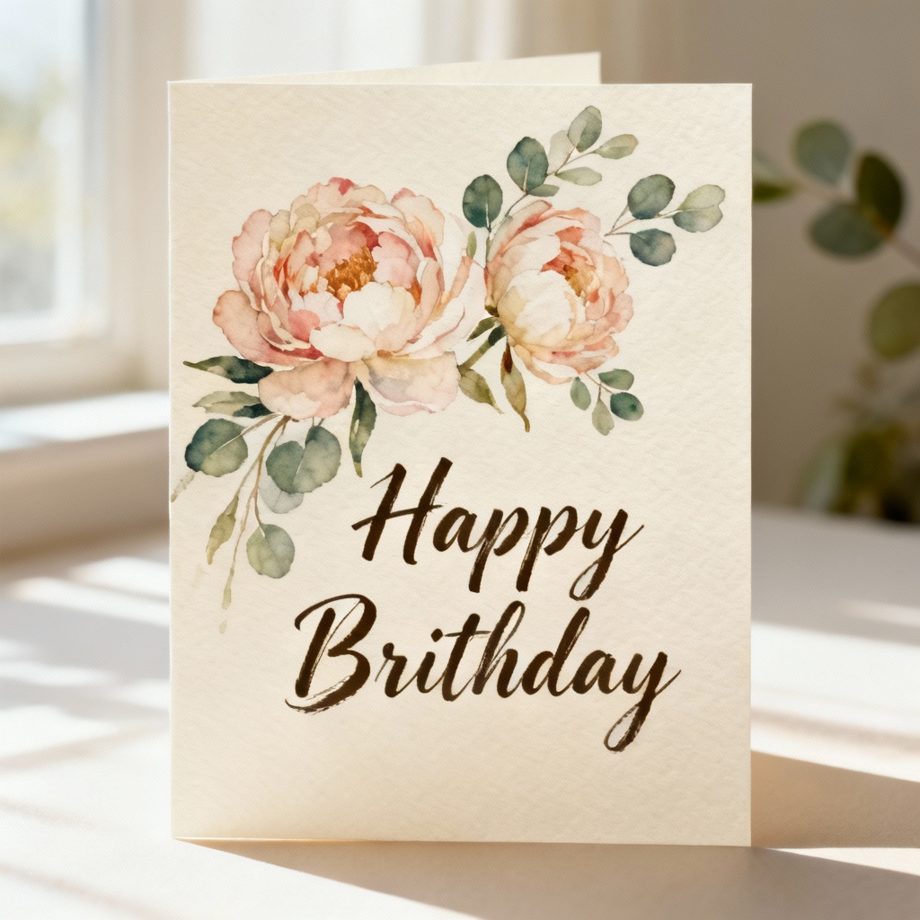 Watercolor floral happy brithday card on textured paper