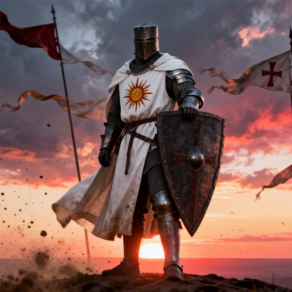 AI crusader knight at dawn with sunburst tabard