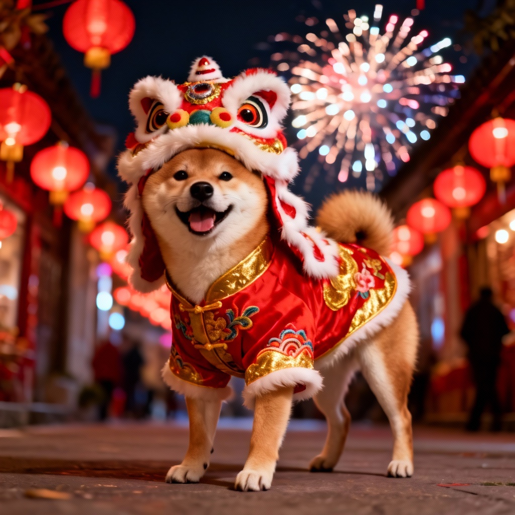 AI pet New Year cosplay of a Shiba Inu in lion dance costume