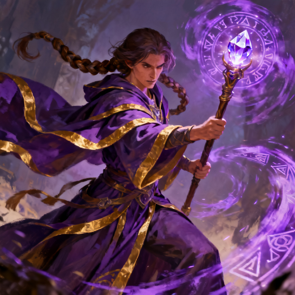 AI fantasy mage character casting violet spell