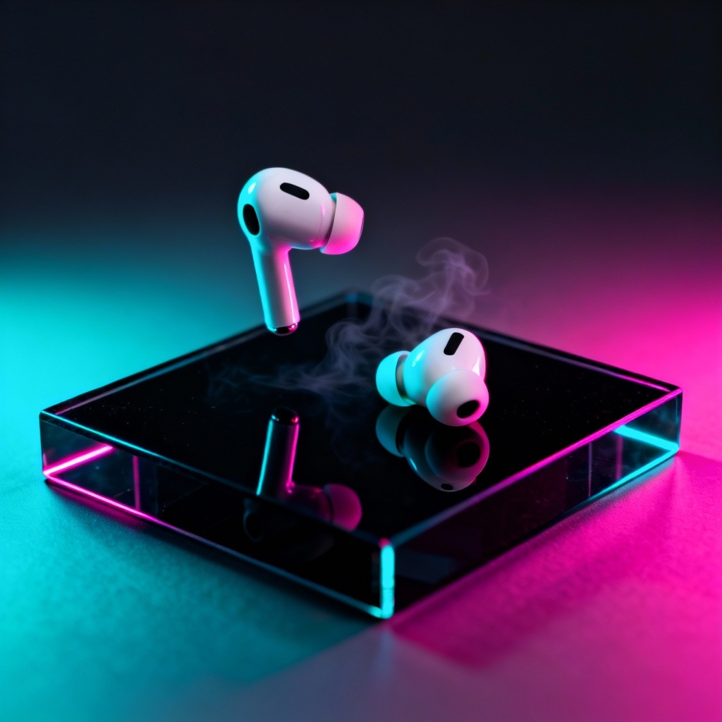 Dramatic product shot of wireless earbuds with neon rim light on black acrylic