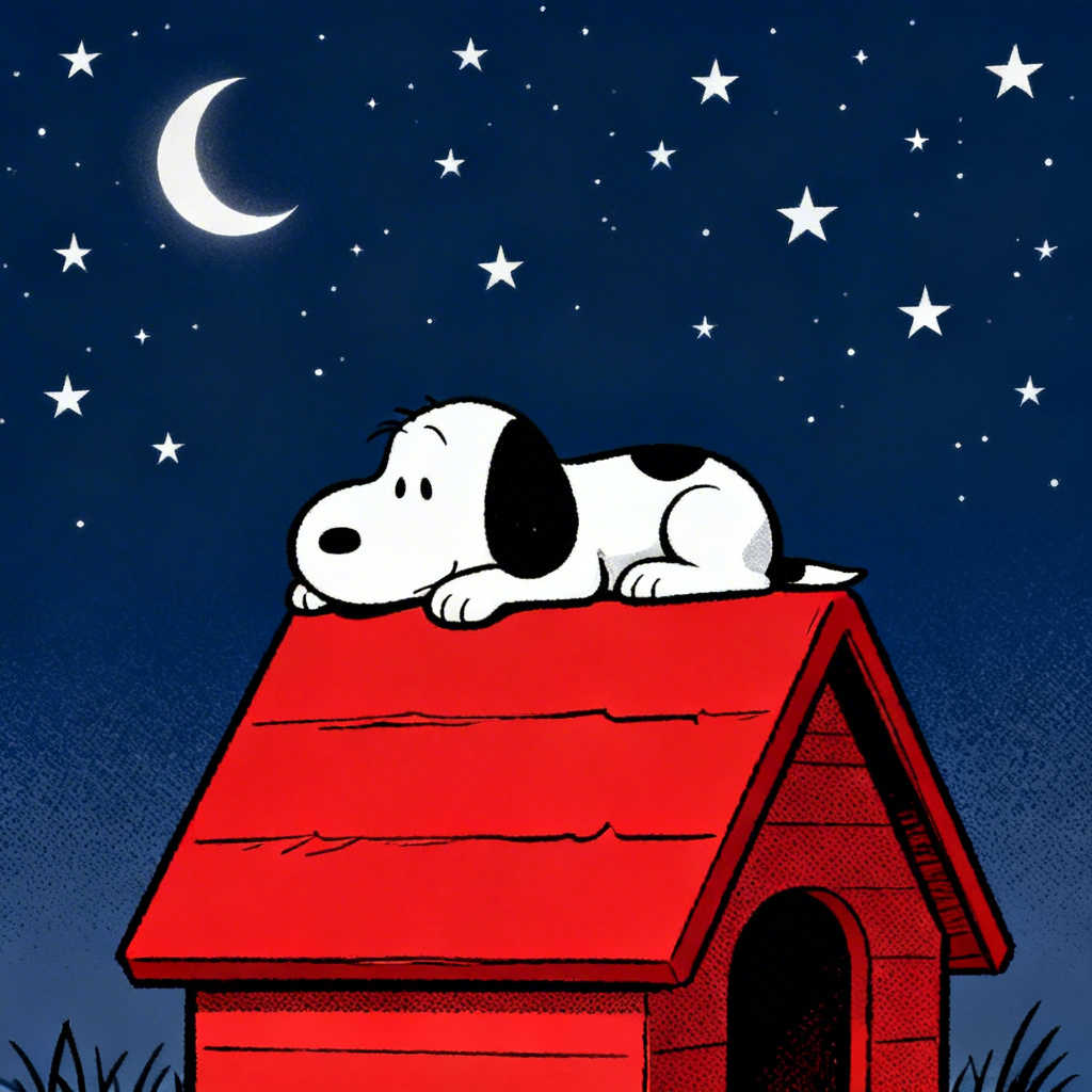 AI Snoopy style beagle relaxing on a red doghouse at night
