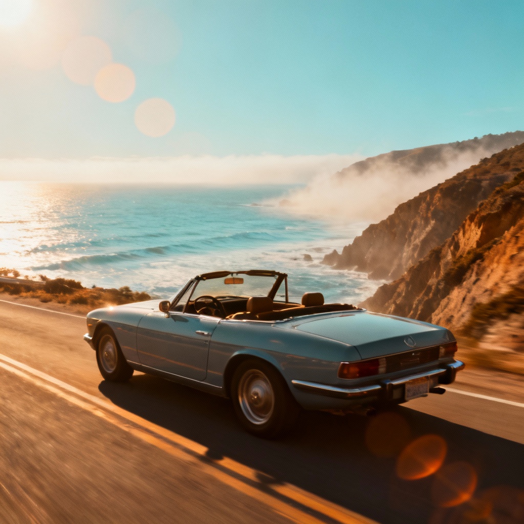 AI coastal highway convertible shot with sunlit bokeh