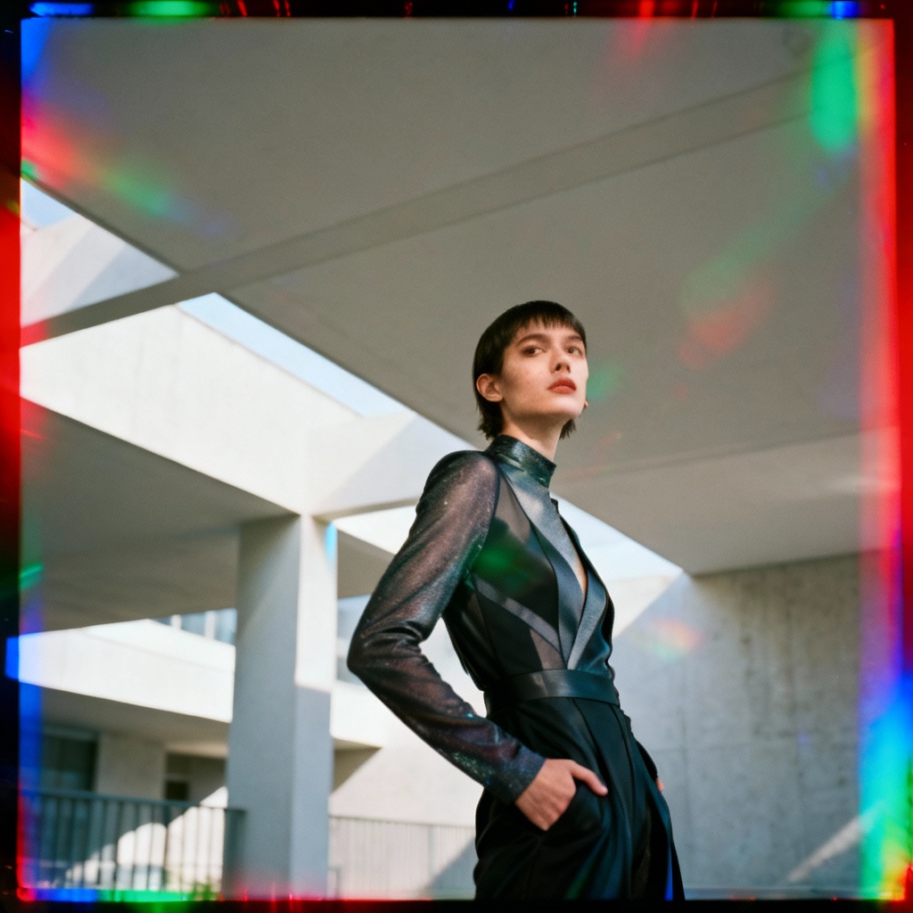 AI RGB prism light leak streaks on fashion photo