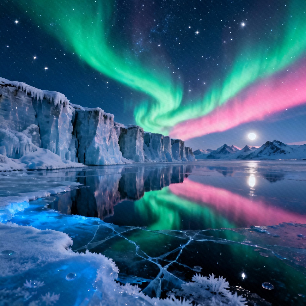 AI aurora borealis over icy fjord landscape