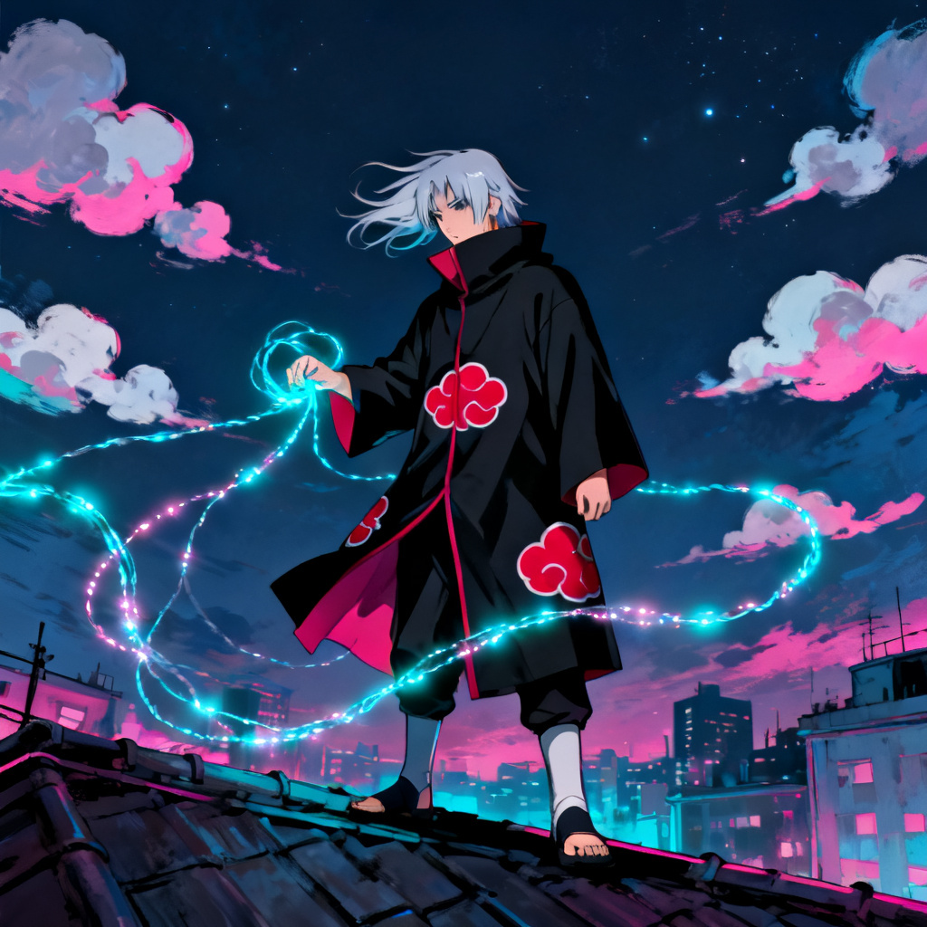 AI Naruto OC rogue ninja with cloud-pattern cloak and thread jutsu