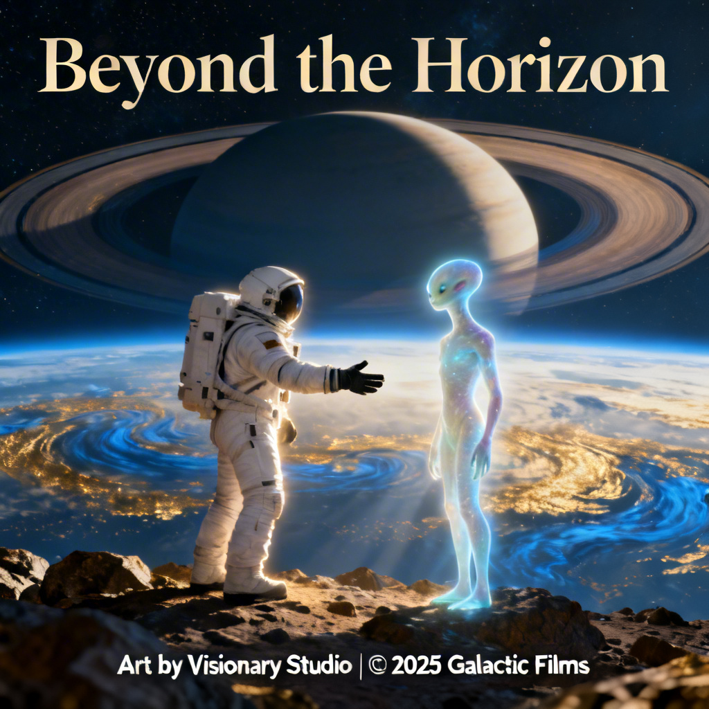 Cinematic astronaut and alien first contact poster in deep space