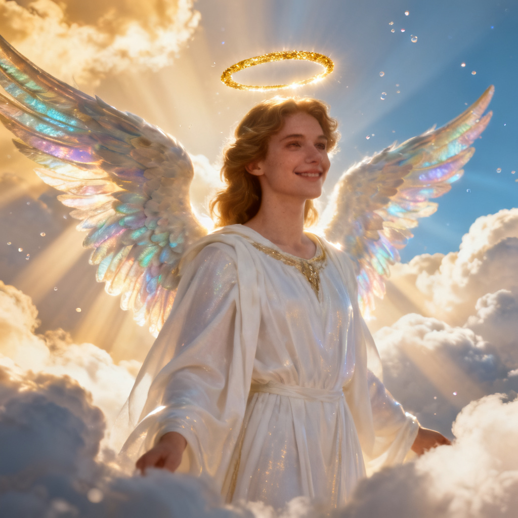 AI anjo golden seraph portrait with halo and radiant wings
